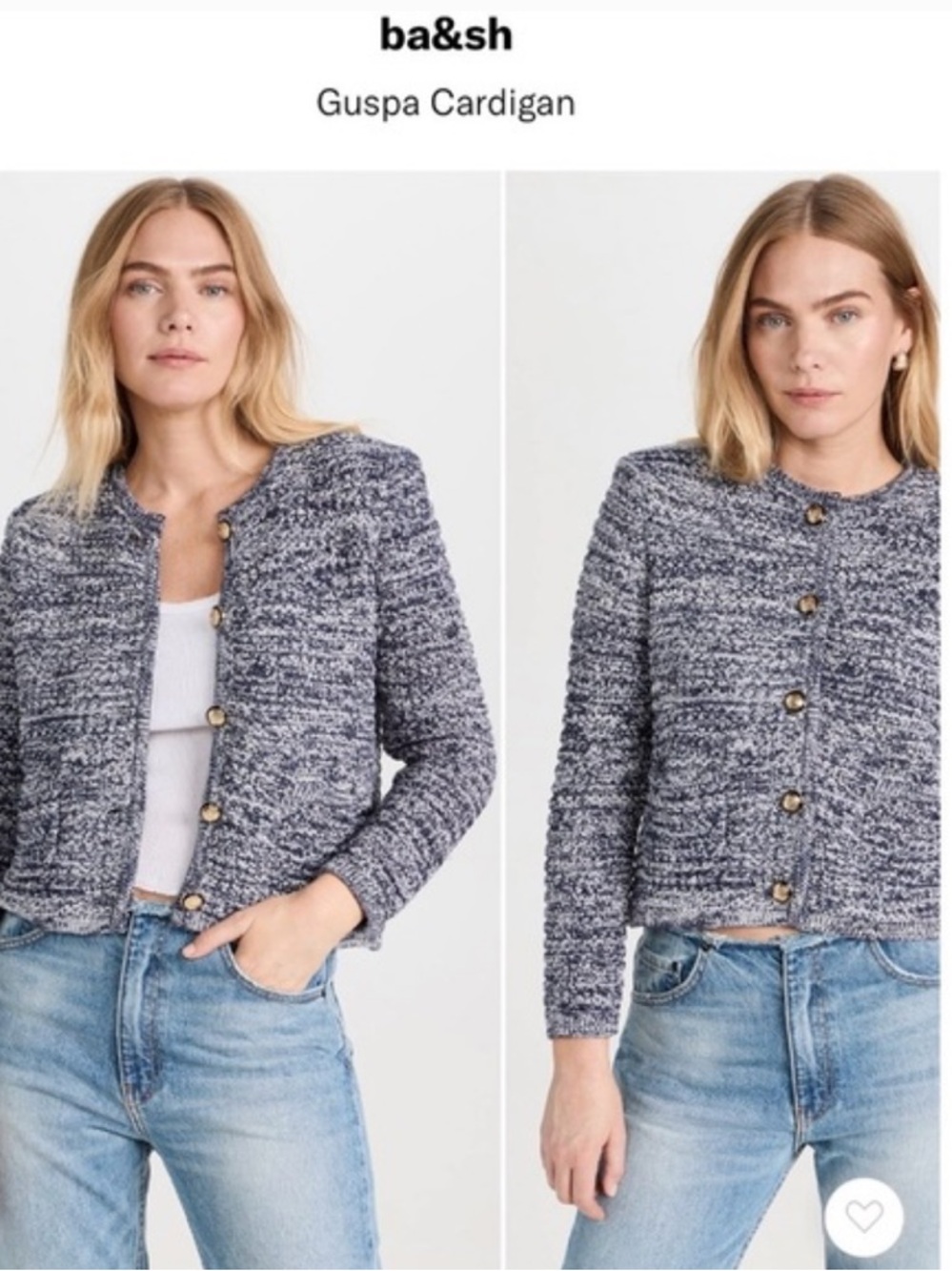 ba&sh Guspa Navy and White Marled Knit Cardigan with Gold Buttons, size medium